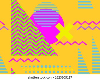 Memphis seamless pattern. Chaotic geometric shapes in the style of 80s. For promotional products, wrapping paper and printing. Vector illustration