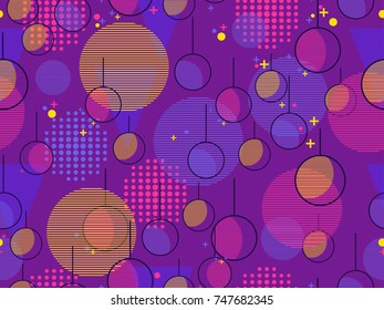 Memphis seamless pattern with christmas balls. New Year`s background in retro style. Vector illustration