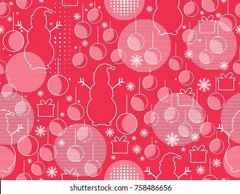 Memphis seamless pattern with christmas balls, snowmen and gift boxs. New Year`s background in retro style. Vector illustration