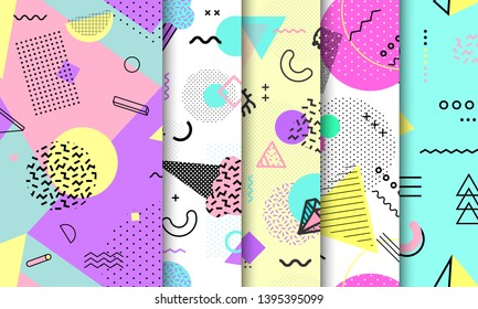 Memphis seamless pattern collection. Geometric seamless pattern different shapes fashion 80's-90's style. Set of pastel Memphis background. Abstract vector illustration in minimal design.
