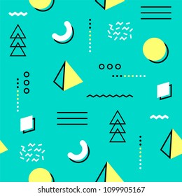 Memphis seamless pattern colorful. Geometric seamless pattern different shapes fashion 80's-90's style. Vector Illustration