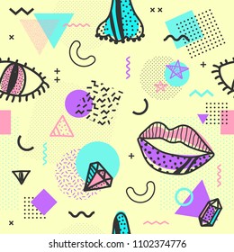 Memphis seamless pattern colorful. Geometric seamless pattern different shapes  80's-90's style. Vector Illustration