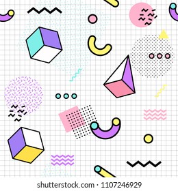 Memphis seamless pattern colorful. Geometric seamless pattern different shapes  80's-90's style. Vector Illustration