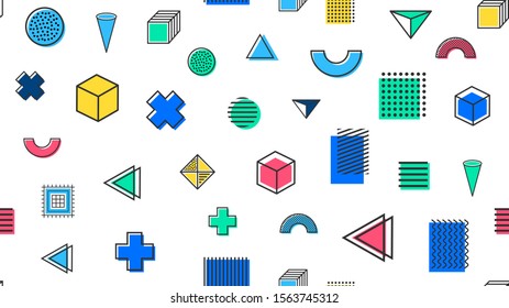 Memphis seamless pattern. Colorful trendy 90s fashion wallpaper. Retro background illustration. Line geometry posters elements. Vector pop art style. Abstract coloring texture
