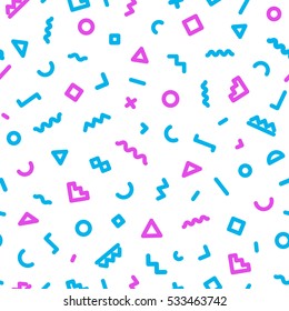 Memphis seamless pattern consisting of blue and pink color shapes on white background. Trendy memphis style. Colorful geometric seamless pattern different shapes color style. Vector Illustration