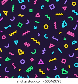 Memphis seamless pattern consisting of blue and pink color shapes on black background. Colorful geometric seamless pattern different shapes color style. Trendy memphis style. Vector Illustration