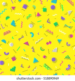 Memphis seamless pattern consisting of different color shapes on yellow background. Colorful geometric pattern. Hipster background. Vector Illustration