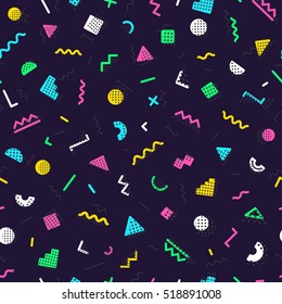 Memphis seamless pattern consisting of different color shapes on dark background. Colorful geometric pattern. Hipster background. Vector Illustration