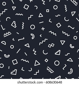 Memphis seamless pattern consisting of white color shapes on black background for use on business card, banner and other. Vector Illustration