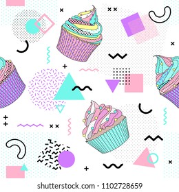 Memphis seamless pattern with cupcake and geometric different shapes colorful 80's-90's style. Vector Illustration