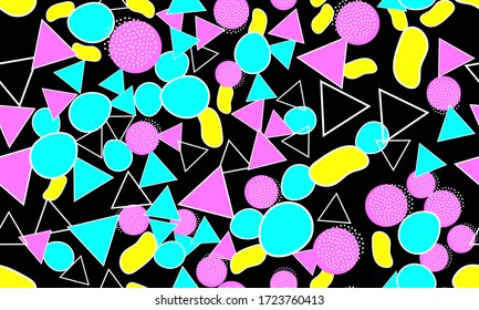 Memphis Seamless Pattern. Fun Background. Pink, Blue, Yellow Colors. Memphis Style Patterns. Vector Illustration. Seamless Pattern. Abstract Colorful Fun Background. Hipster Style 80s-90s.
