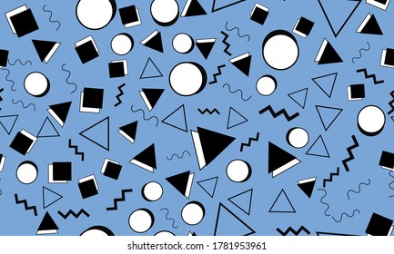 Memphis Seamless Pattern. Fun Background. Vector Illustration. Blue Seamless Pattern. Abstract Colorful Fun Background. Hipster Style 80s-90s.