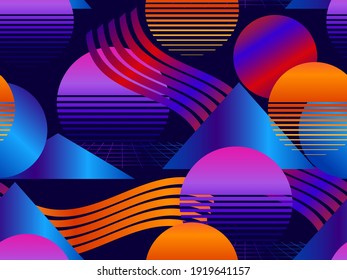 Memphis seamless pattern with futuristic gradient. Geometric elements memphis in the style of 80's. Synthwave retro background. Retrowave. Vector illustration