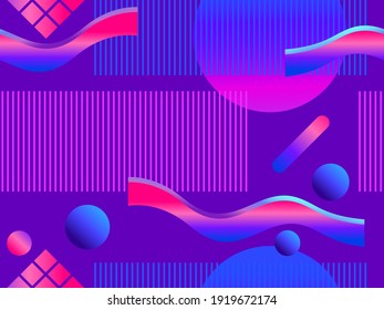 Memphis seamless pattern with futuristic gradient. Geometric elements memphis in the style of 80's. Synthwave retro background. Retrowave. Vector illustration