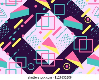 Memphis seamless pattern. Geometric elements memphis in the style of 80's. Synthwave retro background. Retrowave. Vector illustration