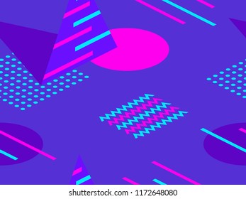 Memphis seamless pattern. Geometric elements memphis style of 80s. Isometric figures. Great for brochures, promotional material, wrapping paper and wallpapers. Vector illustration