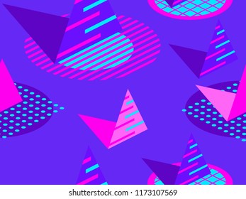 Memphis seamless pattern. Geometric elements memphis in style of 80s. Isometric figures. Great for brochures, promotional material, wrapping paper and wallpapers. Vector illustration