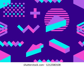 Memphis seamless pattern. Geometric elements memphis in the style of 80's. Isometric shapes. Vector illustration