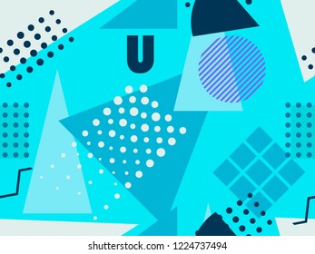 Memphis seamless pattern. Geometric elements memphis in the style of 80s. Blue cold colour. Vector illustration