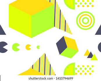 Memphis seamless pattern. Geometric elements memphis in the style of 80's. Background for promotional materials, postcards, banner and wrapping paper. Vector illustration
