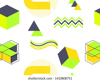 Memphis seamless pattern. Geometric elements memphis in the style of 80's. Background for promotional materials, postcards, banner and wrapping paper. Vector illustration