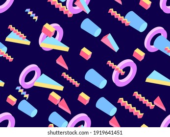 Memphis seamless pattern. Geometric elements memphis in the style of 80's. Background with  isometric 3d objects, virtual reality for promotional products, wrapping paper. Vector illustration