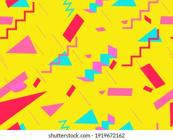Memphis seamless pattern. Geometric elements memphis in the style of 80's. Background with  isometric 3d objects, virtual reality for promotional products, wrapping paper. Vector illustration