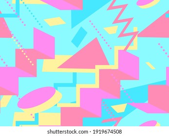 Memphis seamless pattern. Geometric elements memphis in the style of 80's. Background with  isometric 3d objects, virtual reality for promotional products, wrapping paper. Vector illustration