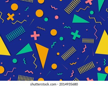 Memphis seamless pattern. Geometric elements memphis in the style of 80's. Trendy retro background for printing on paper, advertising materials and fabric. Vector illustration
