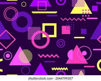 Memphis seamless pattern. Geometric elements memphis in the style of 80's. Composition of triangles, zigzags and circles. Background for brochures, banners and prints. Vector illustration