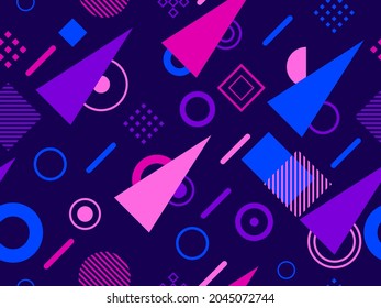Memphis seamless pattern. Geometric elements memphis in the style of 80's. Composition of triangles, zigzags and circles. Background for brochures, banners and prints. Vector illustration