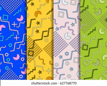 Memphis seamless pattern. Geometric elements in the style of 80's. Set of vector backgrounds