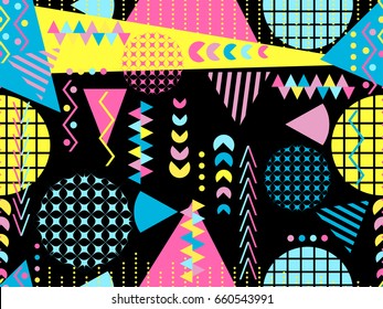 Memphis seamless pattern. Geometric elements memphis in the style of 80's. Vector illustration