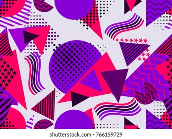 Passwortlose Muster mit geometrischen Figuren im Stil der 80er Jahre. Violett, blau und rot. Vektorgrafik