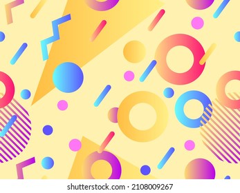 Memphis seamless pattern with geometric gradient shapes. Colorful geometric pattern in 80s style. Design for banners, promotional products and posters. Vector illustration