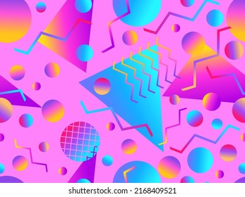 Memphis seamless pattern with geometric gradient shapes. Colorful geometric pattern in 80s style. Design for banners, promotional products and posters. Vector illustration