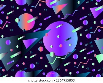 Memphis seamless pattern with geometric gradient shapes. Colorful geometric pattern in 80s style. Design for banners, promotional products and posters. Vector illustration