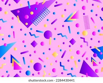 Memphis seamless pattern with geometric gradient shapes. Colorful geometric pattern in 80s style. Design for banners, promotional products and posters. Vector illustration