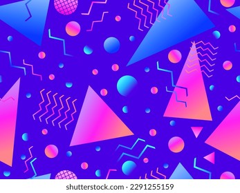 Memphis seamless pattern with geometric gradient shapes. Colorful geometric pattern in 80s style. Design for banners, promotional products and posters. Vector illustration