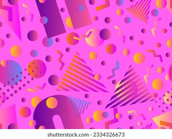Memphis seamless pattern with geometric gradient shapes. Colorful geometric pattern in 80s style. Triangle, circle and zigzag. Design for banners, promotional products and posters. Vector illustration