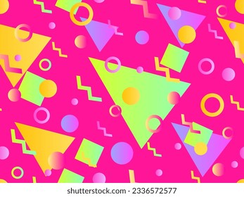 Memphis seamless pattern with geometric gradient shapes. Colorful geometric pattern in 80s style. Triangle, circle and zigzag. Design for banners, promotional products and posters. Vector illustration