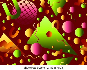 Memphis seamless pattern with geometric gradient shapes. Colorful geometric pattern in 80s style. Triangle, circle and zigzag. Design for banners, promotional products and posters. Vector illustration