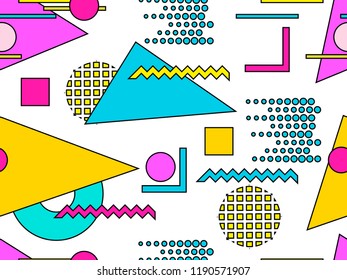 Memphis seamless pattern. Geometric objects with stroke, style of 80s. Bauhaus abstract background. Vector illustration