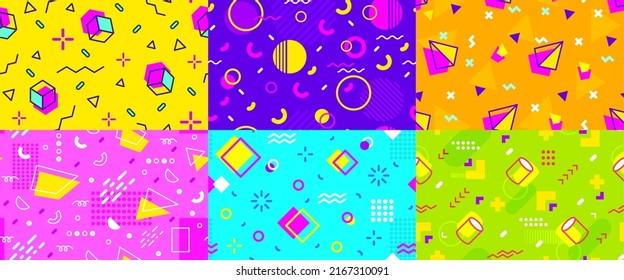 Memphis seamless pattern geometric retro flat set. Bright colorful gift paper wrapping book cover advertising textile print 80s-90s graphic trend fill hipster banner fabric pop style geometric vector