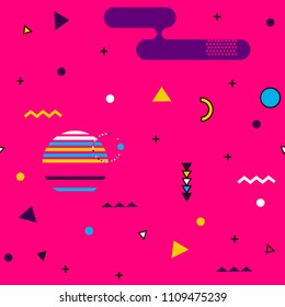 Memphis seamless pattern of geometric shapes for tissue and postcards. Hipster poster, juicy, bright color background.