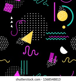 Memphis seamless pattern of geometric shapes for tissue and postcards, 80s style on black background