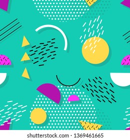 Memphis seamless pattern of geometric shapes for tissue and postcards.