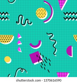 Memphis seamless pattern of geometric shapes for tissue and postcards.