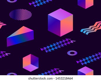 Memphis seamless pattern. Geometric shapes in the style of 80s, isometric. Background for print. Vector illustration