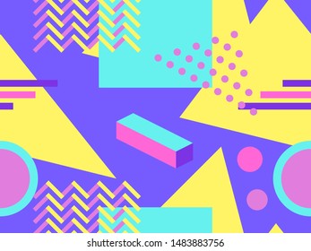 Memphis seamless pattern, geometric shapes in the style of 80s. Points and dotted lines. Vector illustration
